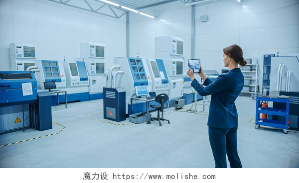 工厂内女人使用平板拍摄现代工厂：女工程师使用数字平板电脑与增强的现实软件可视化工作室的房间绘图，楼层布局。具有高科技数控机床和机器人臂的装置